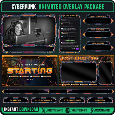 Cyberpunk Stream Overlay Package | Cyberpunk Twitch Package cyber stream pack