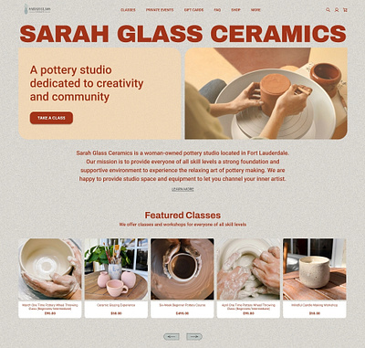 Project: Sarah Glass Ceramics Studio Website design first screen ui