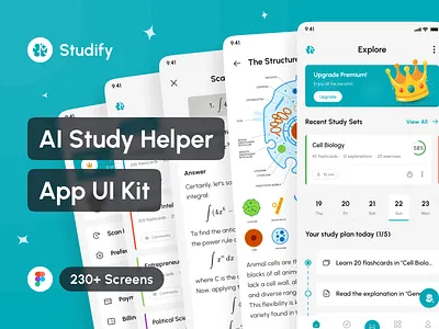 Studify - AI Study Helper App UI Kit ai ai homework helper ai question solver ai study assistant ai study helper ai study planner app app design application design design system figma interface mobile portfolio template ui ui design ui kit uiux