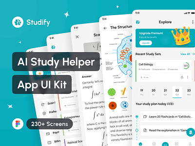 Studify - AI Study Helper App UI Kit ai ai homework helper ai question solver ai study assistant ai study helper ai study planner app app design application design design system figma interface mobile portfolio template ui ui design ui kit uiux