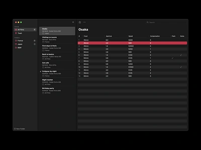 Datafilm MacOS app appstore black clean dark desktop light macos metadata minimal notes red search sidebar swift table ui white window