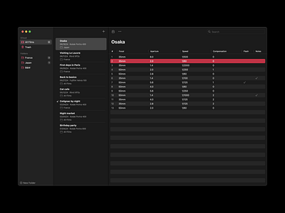 Datafilm MacOS app appstore black clean dark desktop light macos metadata minimal notes red search sidebar swift table ui white window