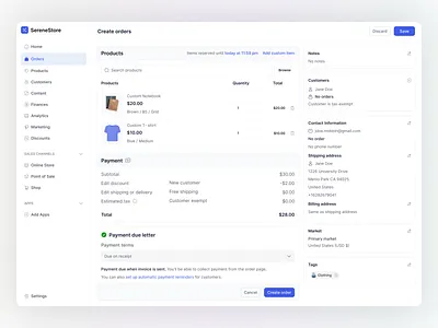 SereneStore: E-commerce platform - Create order Page admin dashboard analytics cart create order crm customer details dashboard ecommerce order details order info order summary orders payment method product design saas saas dashboard shopify shopping ui ux web app