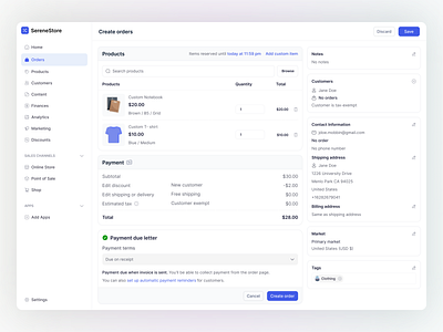 SereneStore: E-commerce platform - Create order Page admin dashboard analytics cart create order crm customer details dashboard ecommerce order details order info order summary orders payment method product design saas saas dashboard shopify shopping ui ux web app