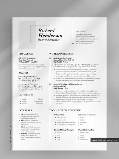 Front-End Developer Resume Template graphic design resume template typography