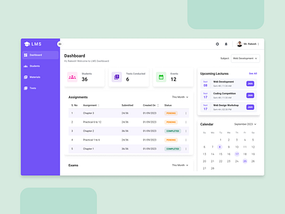 Dashboard Screen - Learning Management System admin analytics assignment dashboard education events learning lms student teacher trending tutor tutorial ui design ux design web app web design