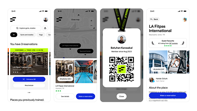 A Gym subscription app. Unlock your potential. Anytime, anywhere app attendee card fitpas gym id card map view mobile qr code subscription