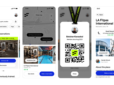 A Gym subscription app. Unlock your potential. Anytime, anywhere app attendee card fitpas gym id card map view mobile qr code subscription