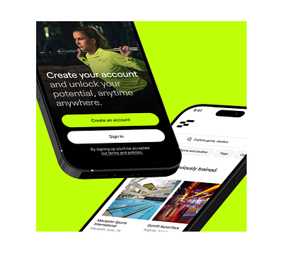A Gym subscription app. Unlock your potential. Anytime, anywhere iphone mockup onboarding promo screens walkthrough