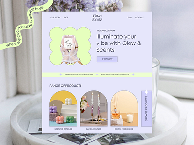 Landing page for Glow & Scents! 🕯️✨ branding candle jars candle shop candles ecommerce landing page logo modern modern design neon online shopping pastel colours purple scented candles scents ui uiux website design