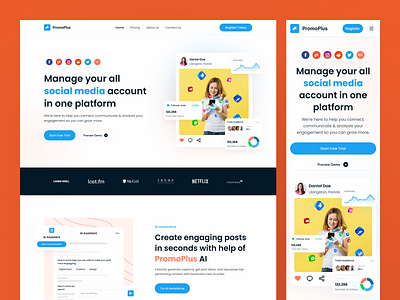 PromoPlus - Social Media Management Tools Landing Page ads chart clean growth header homepage landingpage minimal modern saas service social media ui ux web design