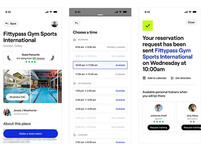 Gym subscription app, reservation flow flow gym reservation sport subscription