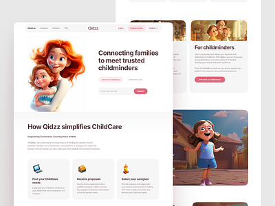 Qidzz - Find a babysitter, landing page about us babysitter search benefits development faq job search landing page landing page design live chat mobile design nannies no code no code development nocode platform platform design ui ui desing uidesign web design