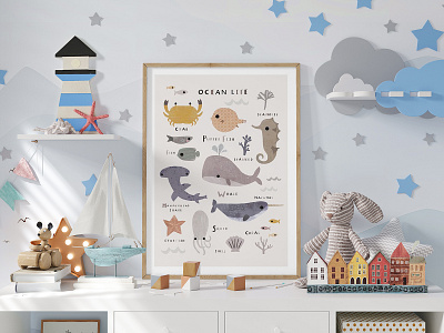 Poster in the Children's Room Mockup PSD art bedroom children frame interior mockup nursery photo picture poster toys