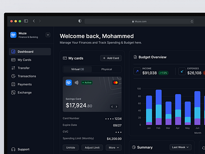 Muze - Financial Dashboard admin animation crm dark mode dashboard figma finance fintech saas ui uiux ux design visual design web