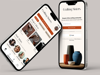 Sign Up and Home Page for Ceramics Community App artcommunity artistnetwork ceramics daily100 dailyui dailyuichallenge day1 homepage interface mobileapp modeling porcelain pottery projects signup signuppage ui uichallenge userinterface