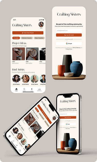 Sign Up and Home Page for Ceramics Community App artcommunity artistnetwork ceramics daily100 dailyui dailyuichallenge day1 homepage interface mobileapp modeling porcelain pottery projects signup signuppage ui uichallenge userinterface