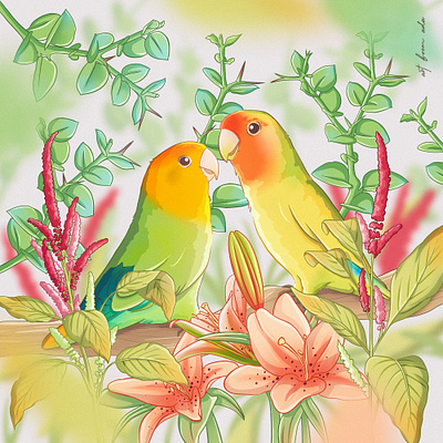 Taquito & Pannini Commission african flowers african lilies african plants amaranth art commission digital art drawing forest num num illustration lovebird illustration lovebird painting lovebirds nature illustration painting parrot art parrot drawing parrot illustration plants and flowers