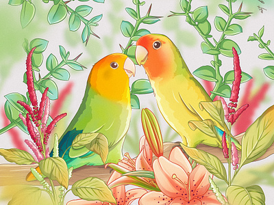 Taquito & Pannini Commission african flowers african lilies african plants amaranth art commission digital art drawing forest num num illustration lovebird illustration lovebird painting lovebirds nature illustration painting parrot art parrot drawing parrot illustration plants and flowers