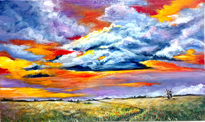 Acrylic painting: Ukrainian Countryside Windmill and Field - Ukr art hand painted nature paint painting sky sunset ukraine