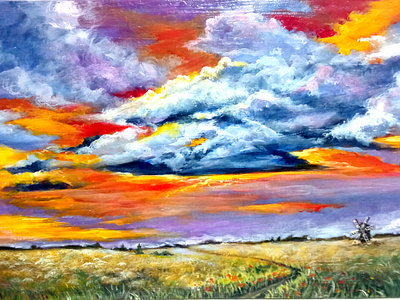 Acrylic painting: Ukrainian Countryside Windmill and Field - Ukr art hand painted nature paint painting sky sunset ukraine