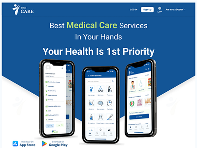 Vital Care (Medical Care Mob App) application cards components design system final design flow fonts home page landing page medical mobile mock up mood board prototype screen service typography ui design ux design varients