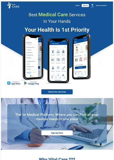 Vital Care (Medical Care Mob App) application cards components design system final design flow fonts home page landing page medical mobile mock up mood board prototype screen service typography ui design ux design varients