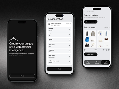 AI-Powered Stylist Mobile App 3d ai black clothes menu mobile app onboarding select stylist ui user experience user interface ux uxui wardrobe