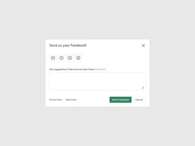 Feedback modal describe design exploration emoji feedback component feedback modal figma help center light mode opinion privacy policy product design send feedback send us your feedback smiley face submit feedback suggestions ui ux web web design