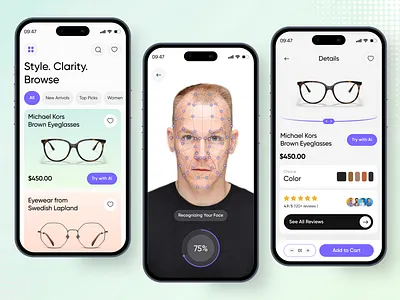 Eyecon - Eyewear AI Mobile App UI ai artificial intelligence clean contact len design ecommerce app eyewear eyewear app eyewears frames machine learninig mobile app design online shop sunglasses trending ui ui design uiux