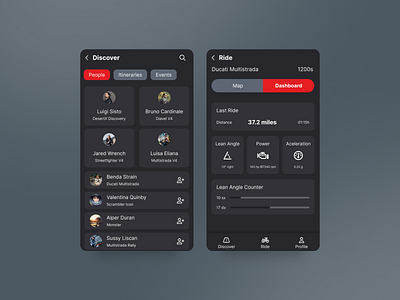 Ducati Fans Mobile App community app dak theme dark mode mobile app motorcycle app ride app share ride uxui