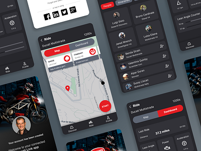 Ducati Fans Mobile App aplicacion motociclistas aplicacion movil community app dark mode dark theme fans app mobile app motorcycle app motorcycle rider share ride uxui