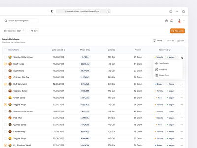 Meals Table Dashboard app apple clean component dashboard design food healthy ios landing page list meals product design saas search table tables tags ui white