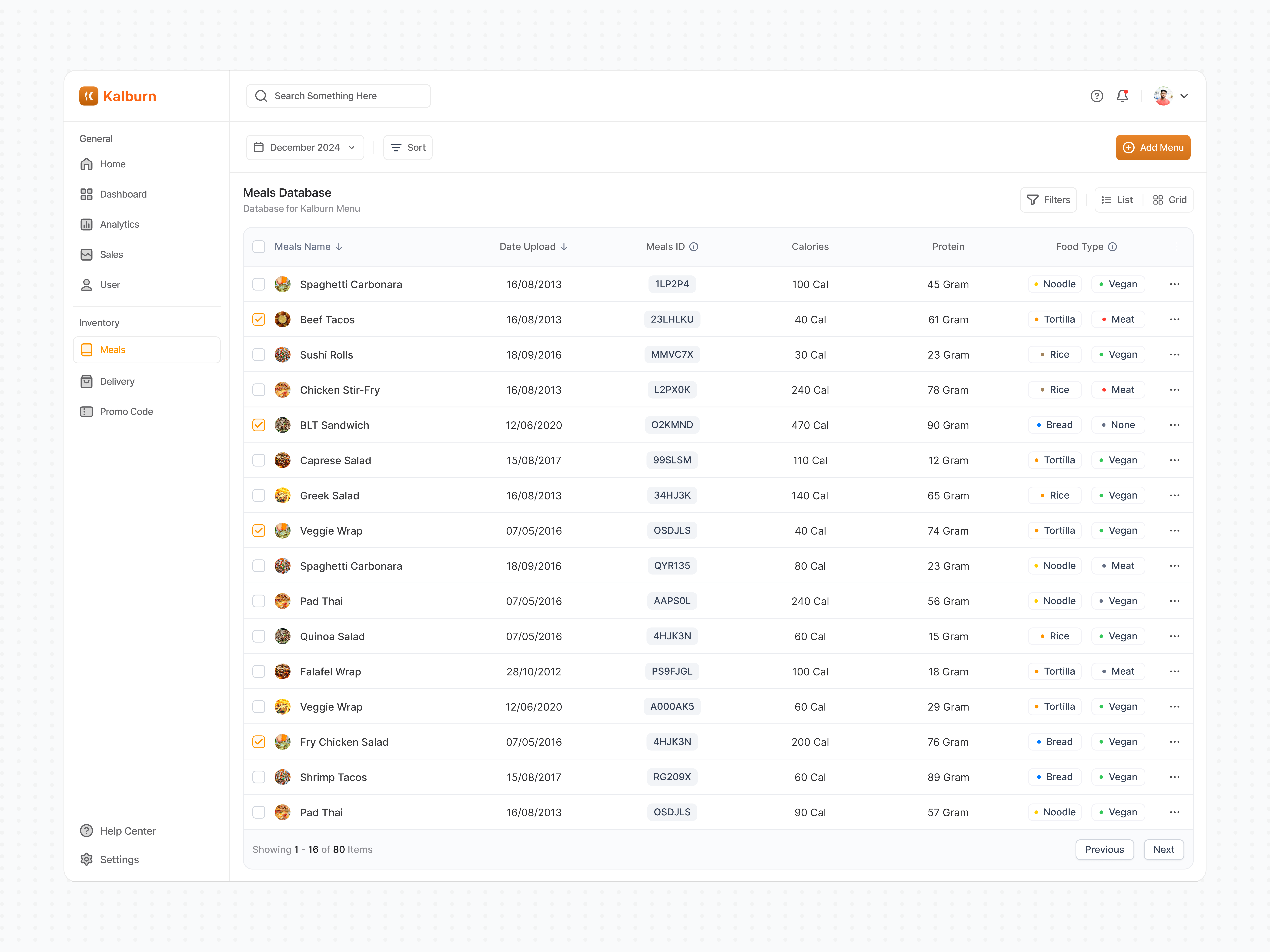 Meals Table Dashboard app apple clean component dashboard design food healthy ios landing page list meals product design saas search table tables tags ui white