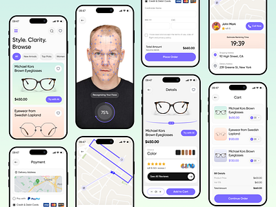 EyeCon - Eyewear AI Mobile App UI artificial intelligence clean design ecommerce app eyewear app eyewears fashion glasses mobile app design online shop shop app sunglasses trending ui ui design uiux