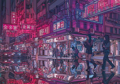 PINK MIRROR architecture art digital illustration japan lights painting pink street