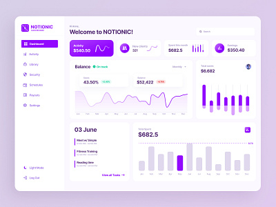 Notionic: Financial Status Dashboard Design (Light & Dark Mode) dashboard design figma finance financial dashboard logo prototype ui ui design ux