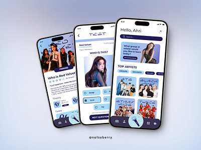 INKPOP — app for studying k-pop (2021) app design blue branding choice screen course design gradient graphic design home screen kda kpop main screen notification purple quiz study test ui ux