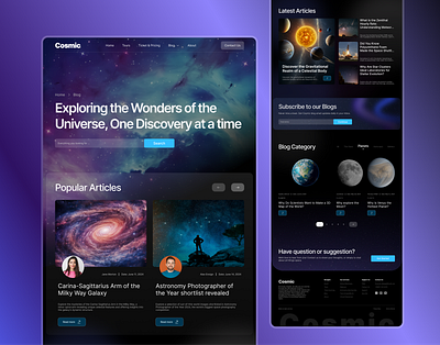 Blog Page for Astronomy Website astronomy blog page blue cosmic dark mode design planet product design purple space ui uiux ux web design