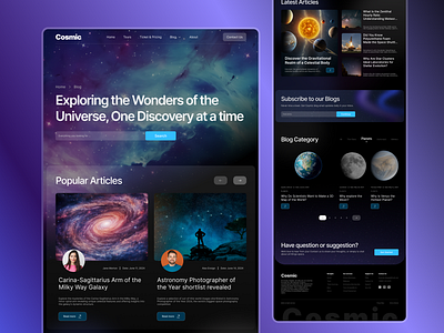 Blog Page for Astronomy Website astronomy blog page blue cosmic dark mode design planet product design purple space ui uiux ux web design