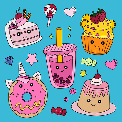 A set of cute hand-drawn sweets app branding design graphic design illustration logo typography ui ux vector