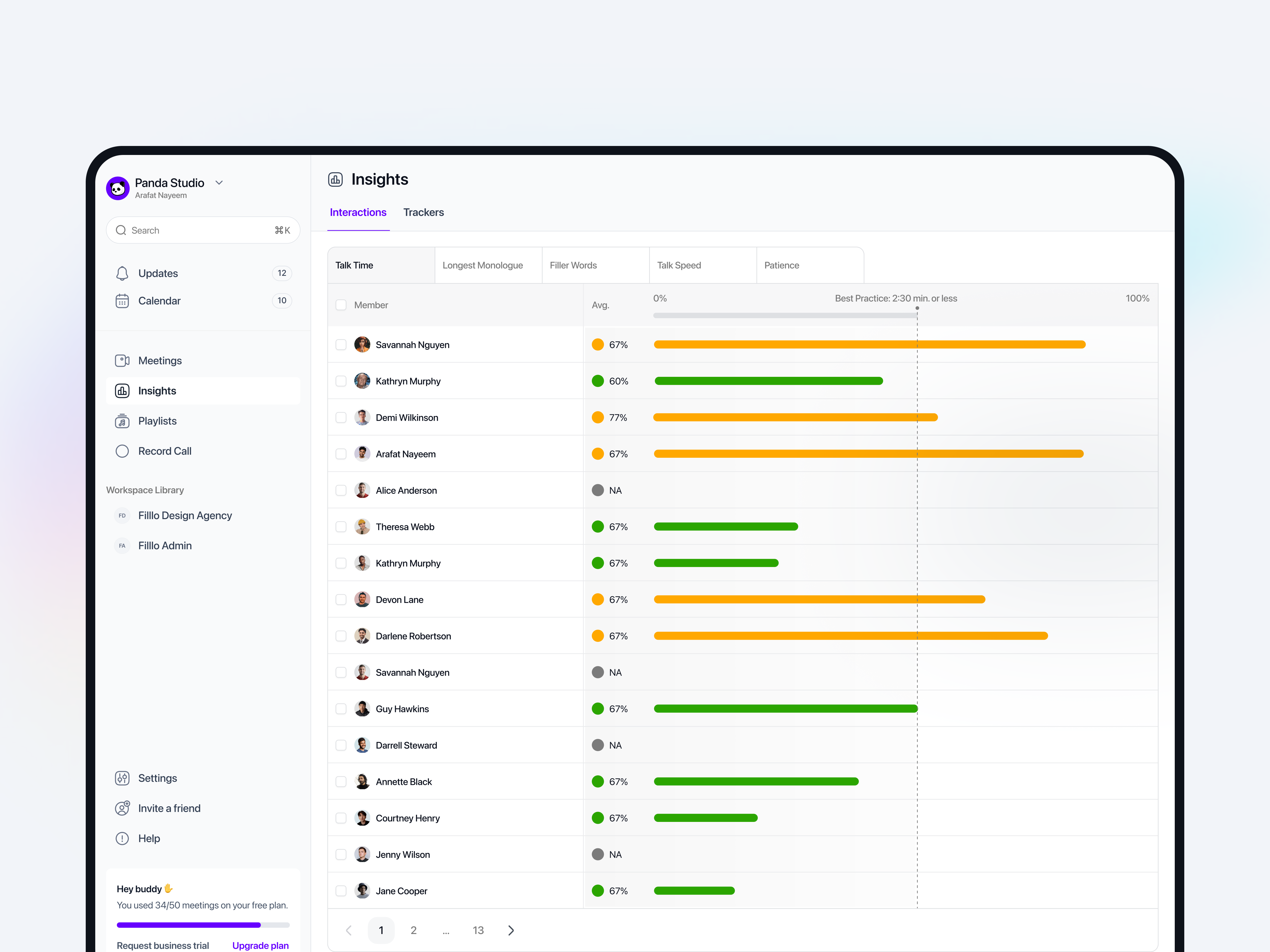 Call Wave - Insights Page call collaboration filllo google meet insights meeting details meeting notes meeting page record call remote work saas sharing teamwork uiux video call webapp website design zoom