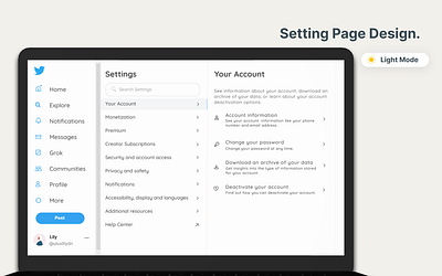 Settings Page Design - Twitter appdesign dailyui dailyuichallenge figma ui uidesign uiux webapp
