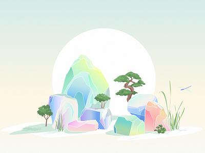 Illustration "the Garden of the Morning Calm", South Korea bonzai bonzai tree botanical calm cristal garden gems green harmony illustration illustrator jewel korea mountain peace seoul south korea stones storytelling travel