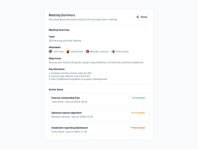 Meeting Summary 📝 card cards design meeting minimal saas ui web design