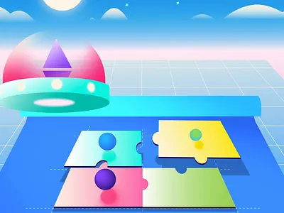 dApps or Decentralized Application 3d animation bitcoin blockchain coin crypto dapps defi ethereum gradient color illustation motion graphics puzzle shapes smartcontract styleframe ufo vector artwork web3