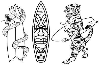 Surf Shirt Icons black and white icons illustration snake surf board tiger tiki