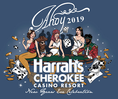 Harrah's T-Shirt Design black jack cards casino digital art gambling gold illustration mermaids photoshop pirates t shirt treasure