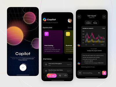 Copilot - iOS Mobile App AI Companion ai branding charts chat clean dashboard design interface logo mobile startup ui user interface ux