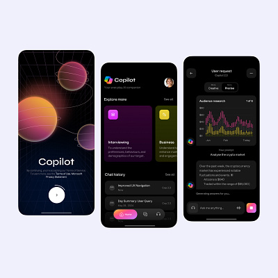 Copilot - iOS Mobile App AI Companion ai branding charts chat clean dashboard design interface logo mobile startup ui user interface ux